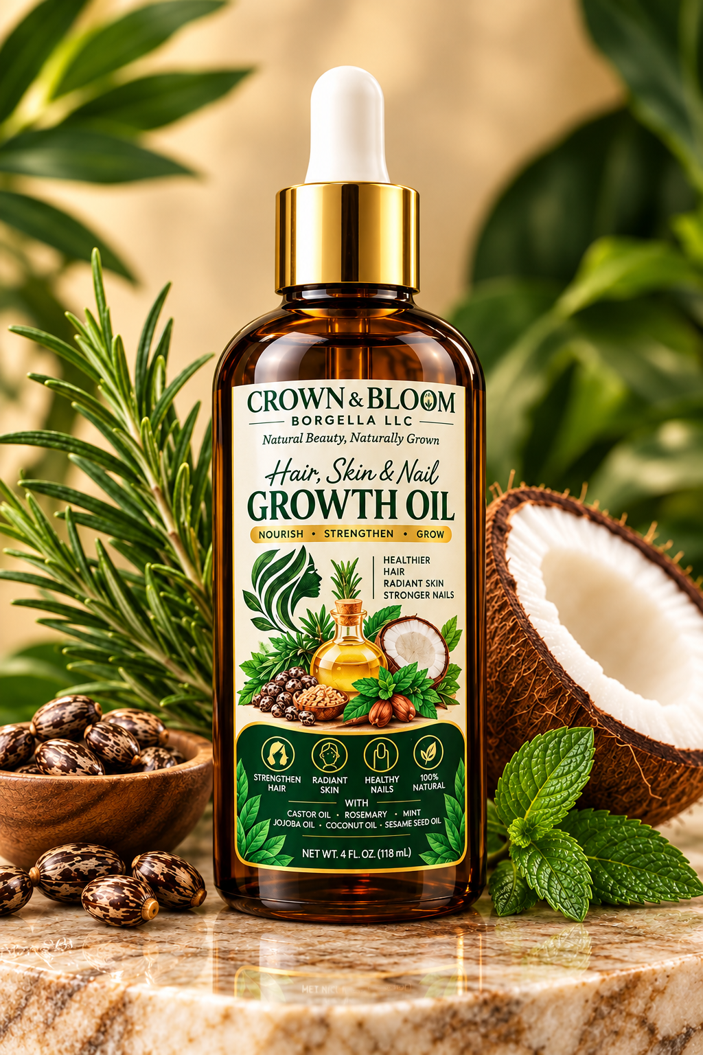 Crown & Bloom Hair, Skin & Nail Growth Oil, 4 fl oz amber dropper bottle with botanical background